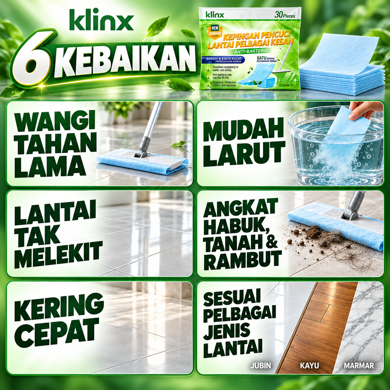 Kering cepat, tiada goresan, tiada tapak kaki